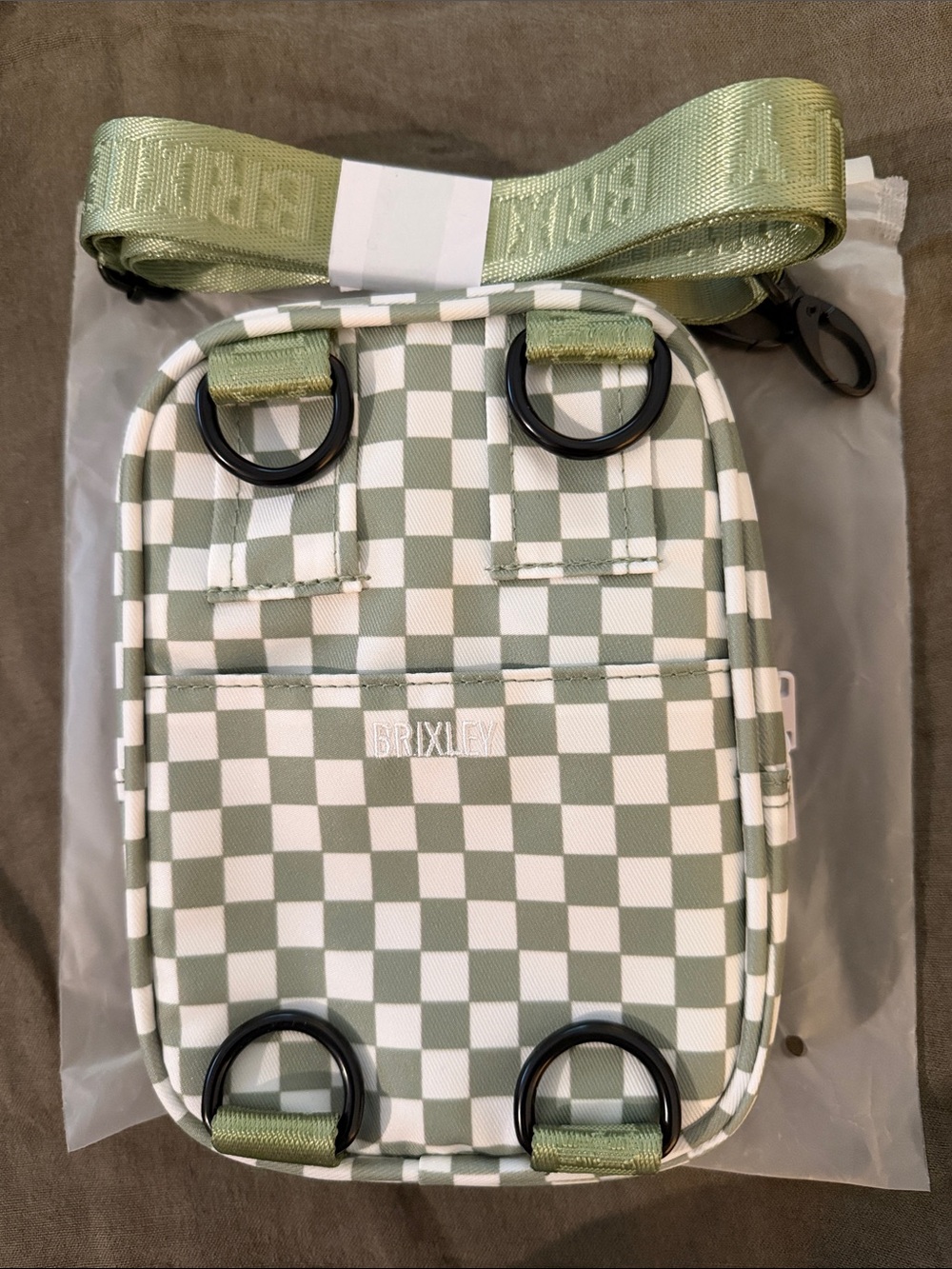 BRIXLEY Light Green Checkerboard Crossbody Bag with Logo Strap - Picture 4 of 5